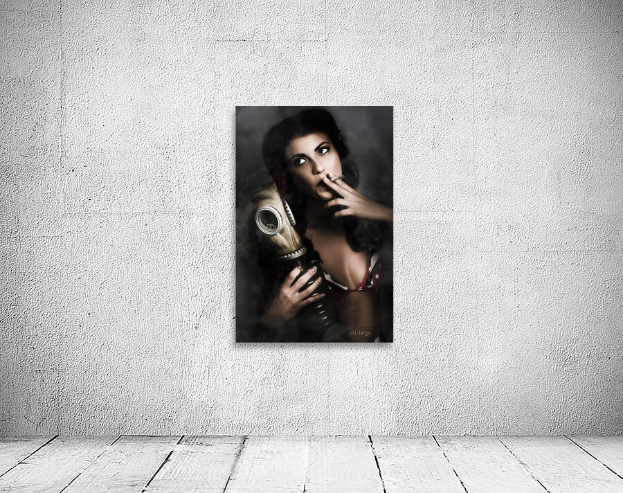 Vintage army pinup girl holding gas mask Wall Preview