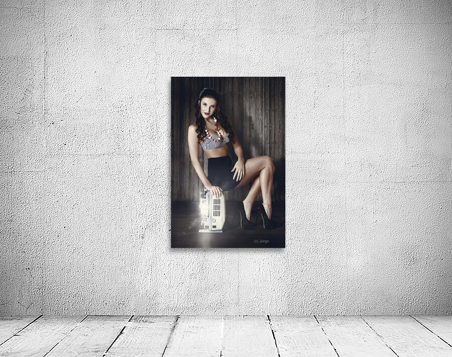 Young brunette pin-up woman on old film projector Wall Preview