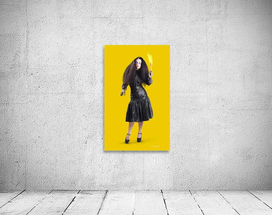 Female jester holding lit fire torch Wall Preview