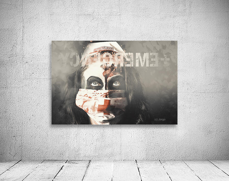 Crazy nurse of death looking at emergency sign Wall Preview