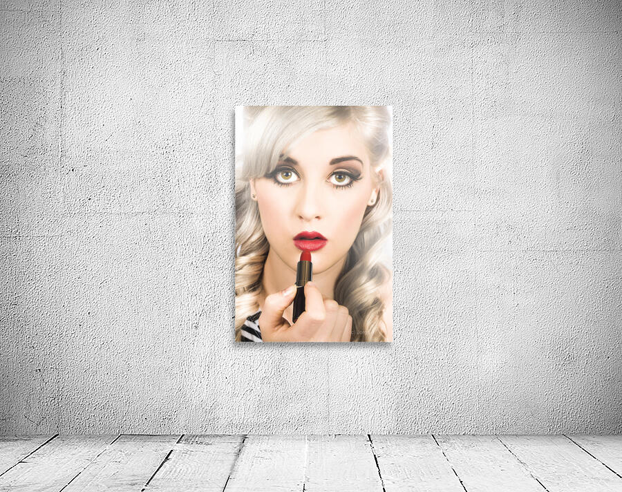 Sexy retro pinup girl applying makeup on lips Wall Preview