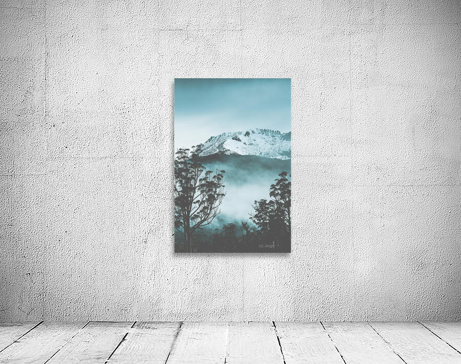 Dramatic dark blue mountain with snow and fog Wall Preview