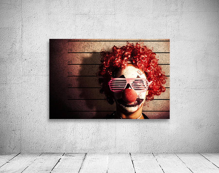 Clown criminal mug shot photo ID on police lines Wall Preview