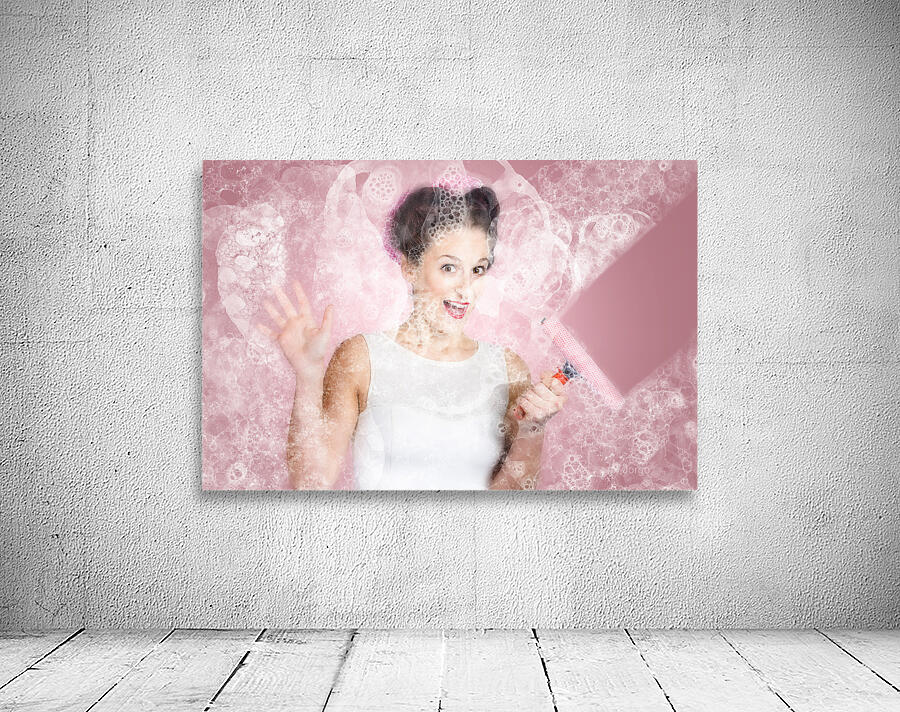 Retro window cleaning girl looking at clean glass Wall Preview