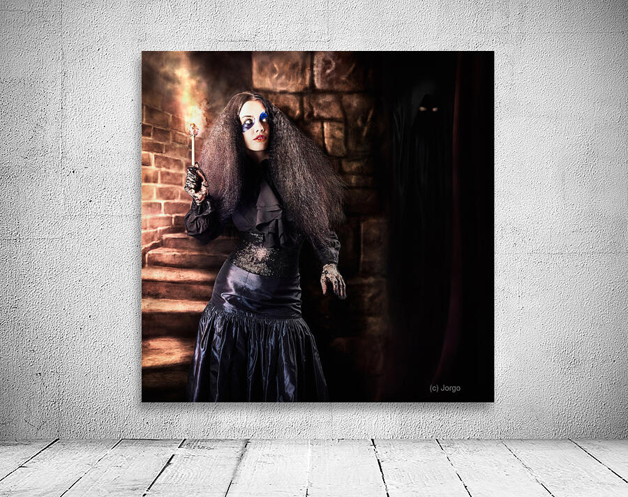 Female jester walking inside dark castle stairwell Wall Preview