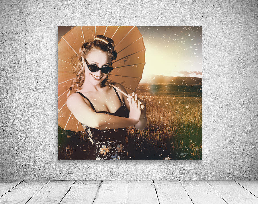 Vintage American pin-up girl in summer rain Wall Preview