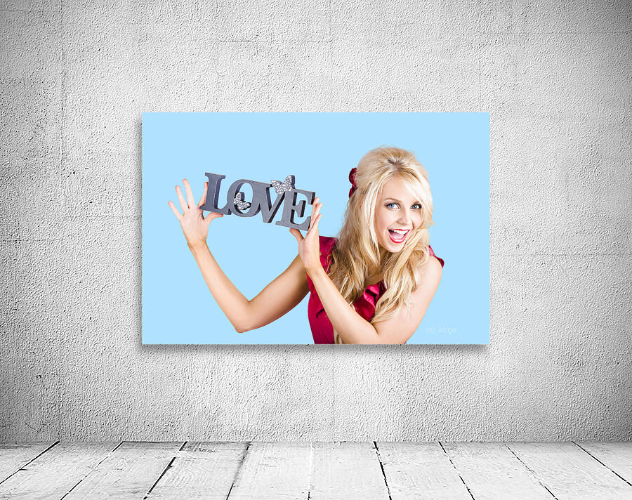 Fun blonde woman with love word sign Wall Preview
