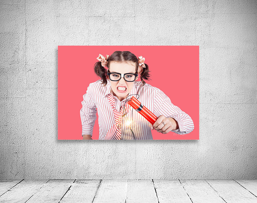 Nerd Business Woman Holding Exploding Time Bomb Wall Preview