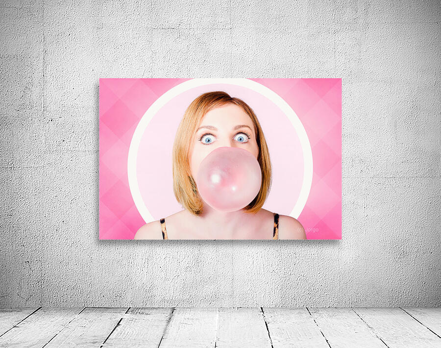 70s pin-up girl blowing pink bubble gum ball Wall Preview