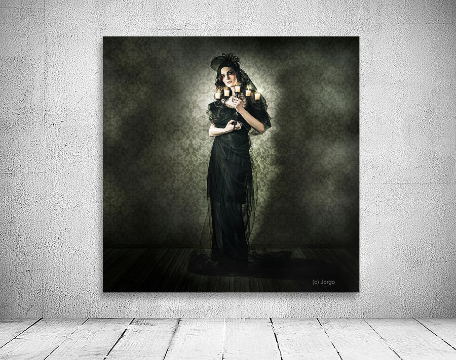 Black Fashion Model In Dark Vintage Haunted House Wall Preview