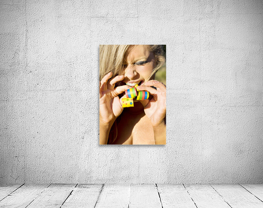 Woman Blowing Party Horns Wall Preview