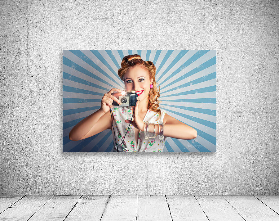 Young Happy Vintage Woman With Old Film Camera Wall Preview