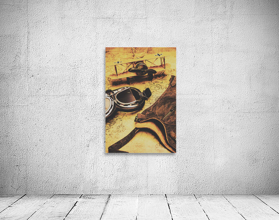 Aviator goggles cap and airplane on old world map Wall Preview
