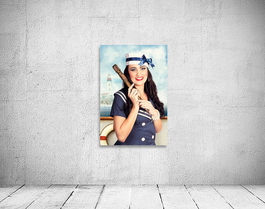 Smiling young pinup sailor girl. Sea search and rescue Wall Preview