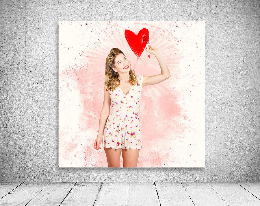 50s blond pin-up girl painting red love heart  Wall Preview