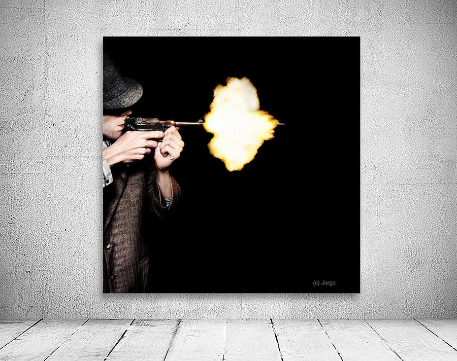 Vintage Gangster Man Shooting Gun On Black Wall Preview