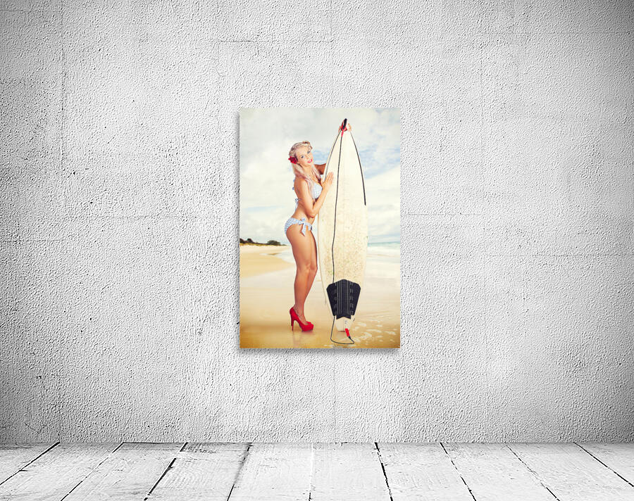 Sexy Sixties Pinup Surfer Girl At Vintage Beach Wall Preview