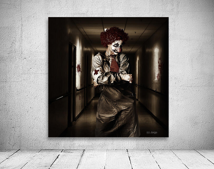 Dark hospital clown in spooky theatre nightmare Wall Preview