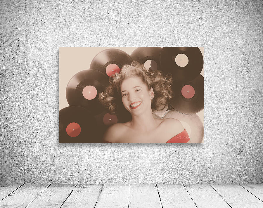 Classic pin up girl on vintage vinyl lp records Wall Preview