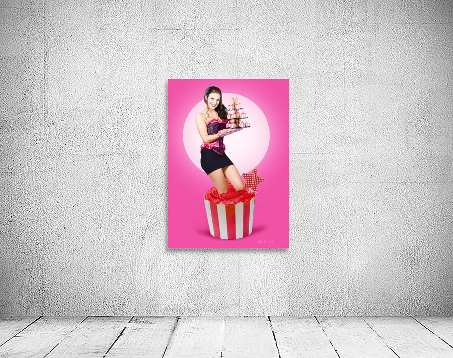 Pin-up girl popping out of large birthday cake Wall Preview
