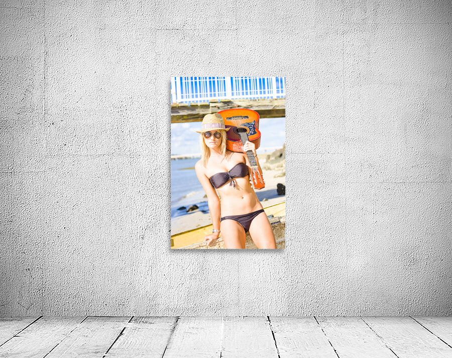 Sunset Busker Holding Guitar In Tropical Paradise Wall Preview