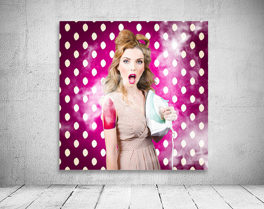 Funny pin-up woman pressing clothes. Dry cleaning Wall Preview