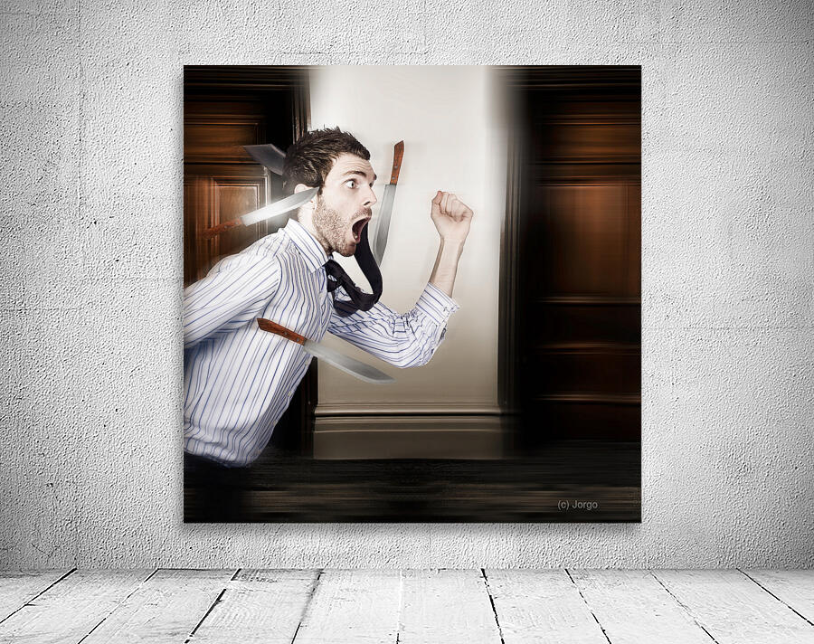 Crazy businessman running in fear from danger Wall Preview