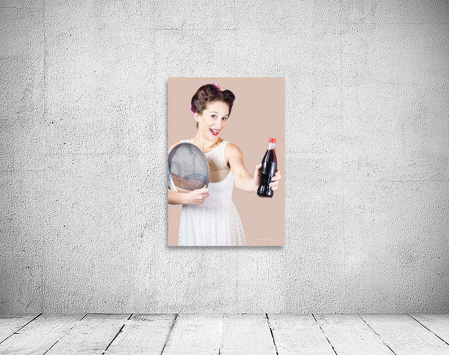Retro pin-up girl giving bottle of soft drink Wall Preview