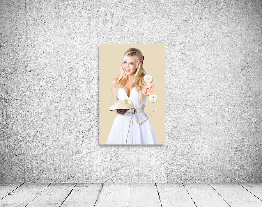 Smiling Woman with Retro Telephone Wall Preview