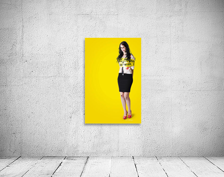 Creepy homicide girl standing undead on yellow Wall Preview