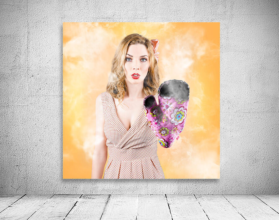 Funny woman cook waving stop. Bad cooking Wall Preview