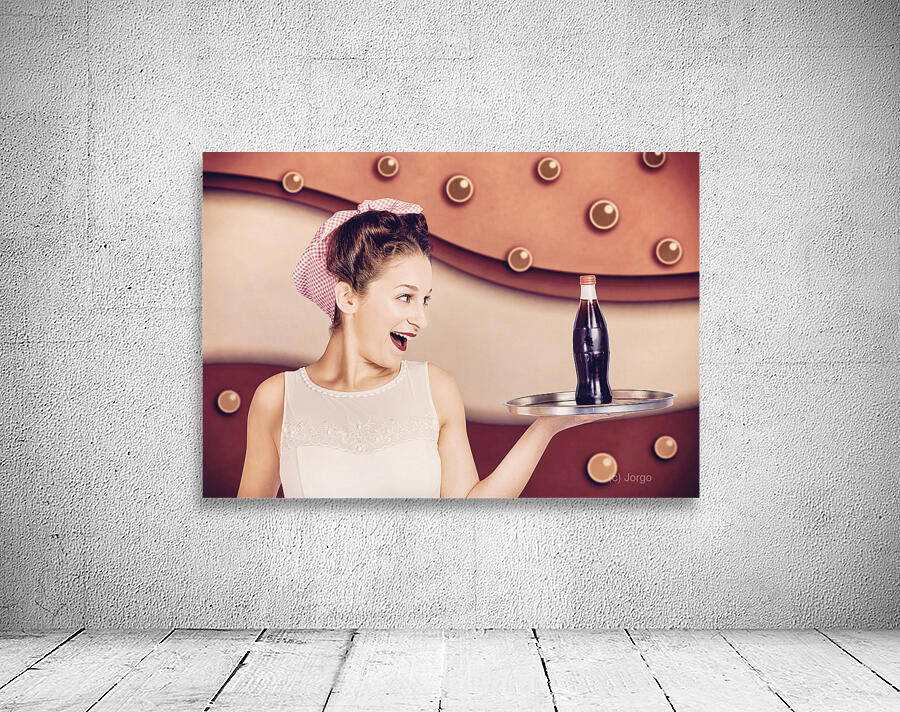 Retro pinup girl holding food and drinks tray Wall Preview