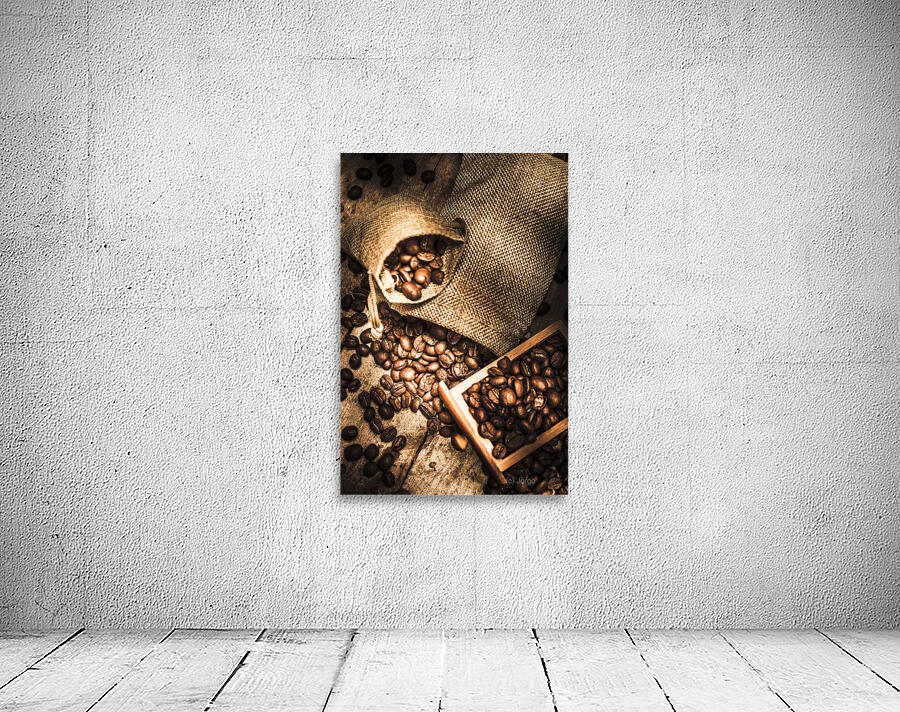 Roasted Coffee Beans In Drawer And Bags On Table Wall Preview