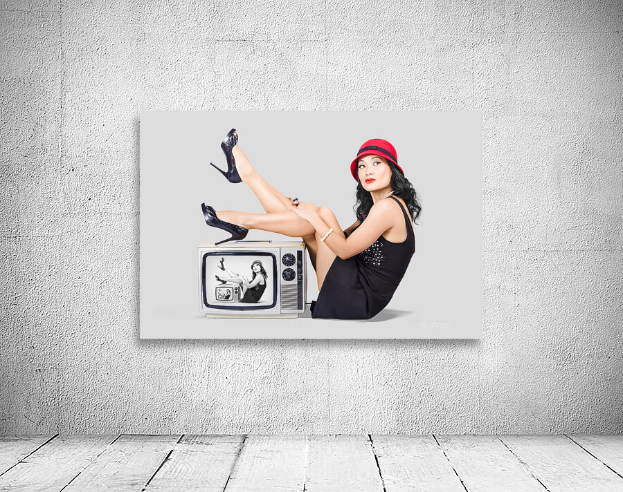 Lovely asian pinup girl posing on vintage tv set Wall Preview