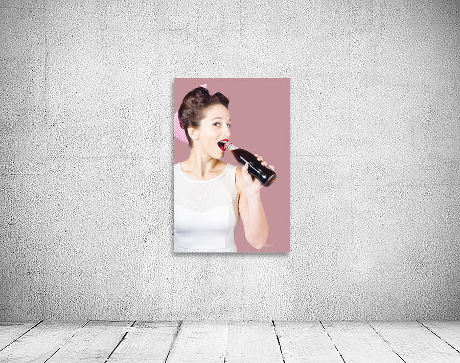 Old-fashion pop art girl drinking from soda bottle Wall Preview