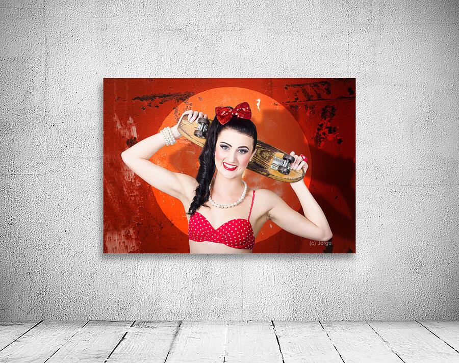 Retro pinup girl holding old wooden skateboard Wall Preview