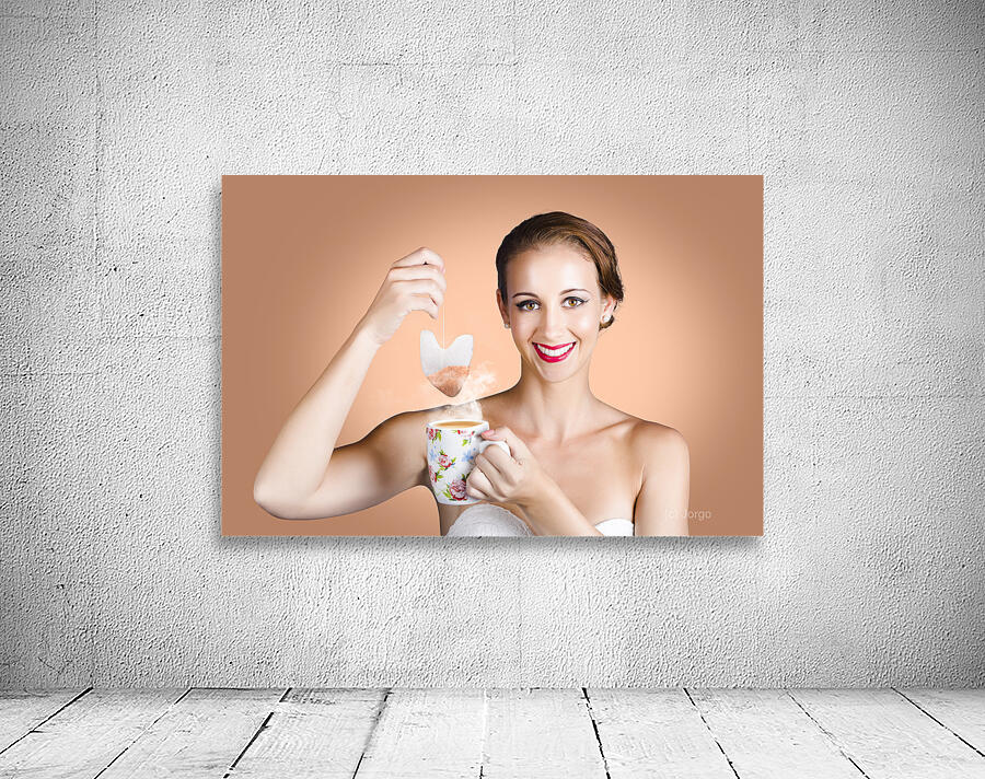 Happy Beautiful Pin Up Girl Drinking Tea Or Coffee Wall Preview