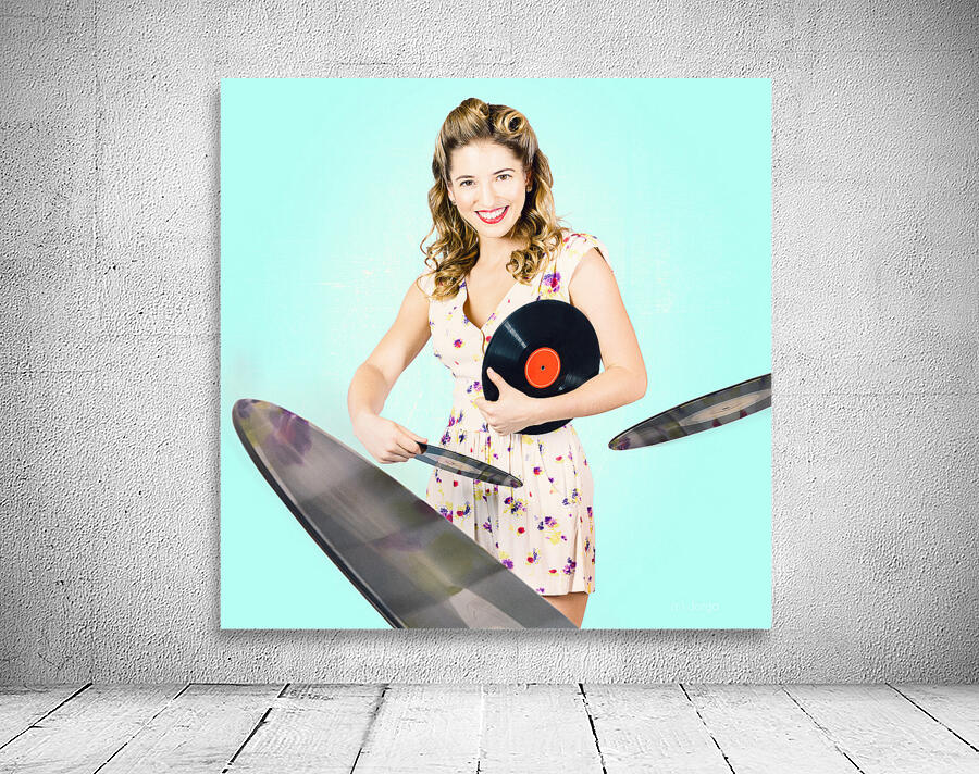 Beautiful 70s DJ pinup girl with record music disc Wall Preview