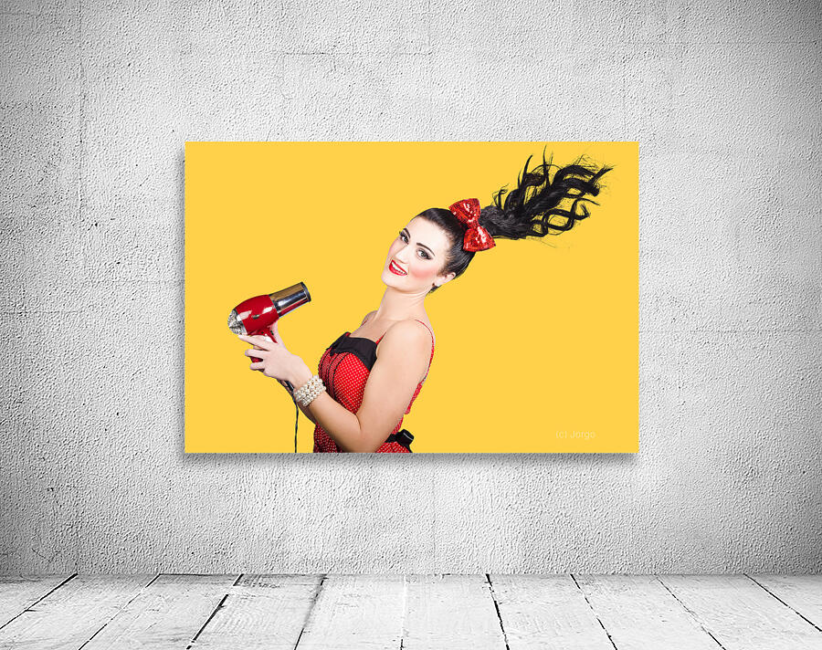 Cute brunette retro woman with hair dryer Wall Preview
