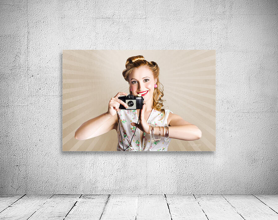 Beautiful Woman Photographer Holding Retro Camera Wall Preview
