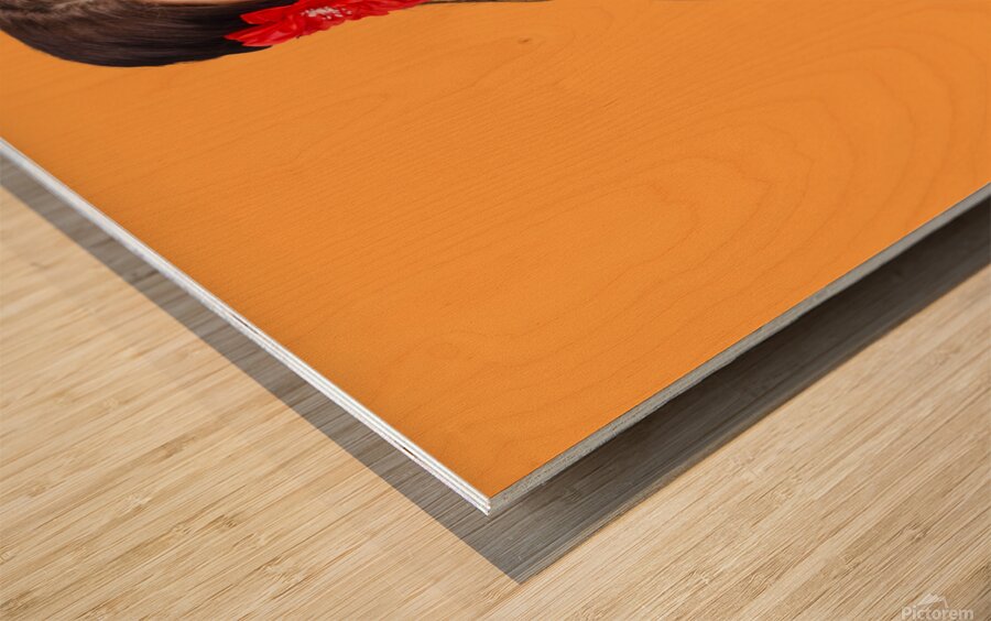 Pinup girl flexing biceps muscle. Bodybuilding Wood print