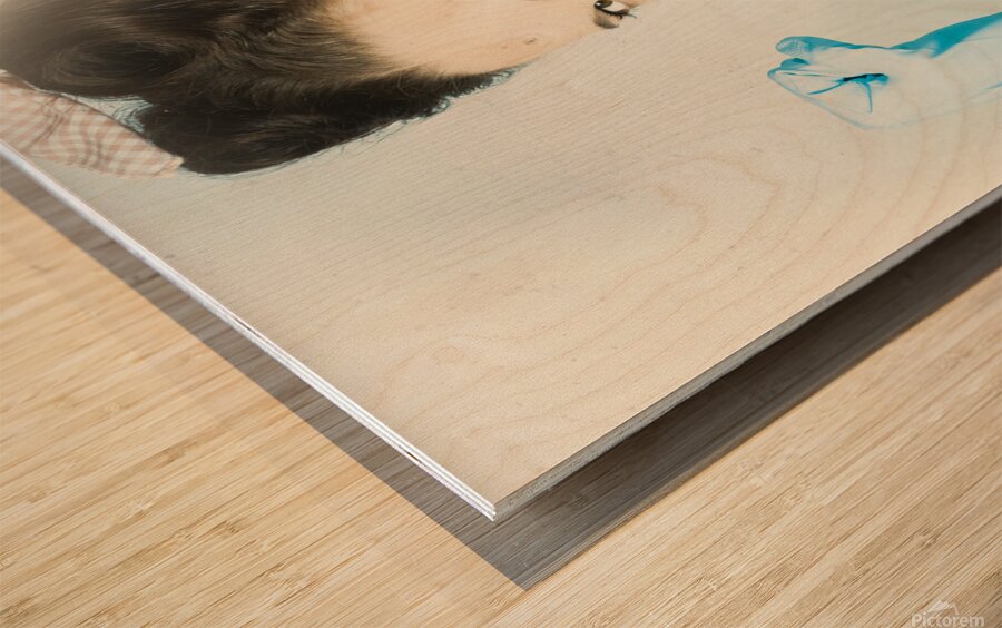 Pinup housewife flexing muscles. Cleaning strength Wood print