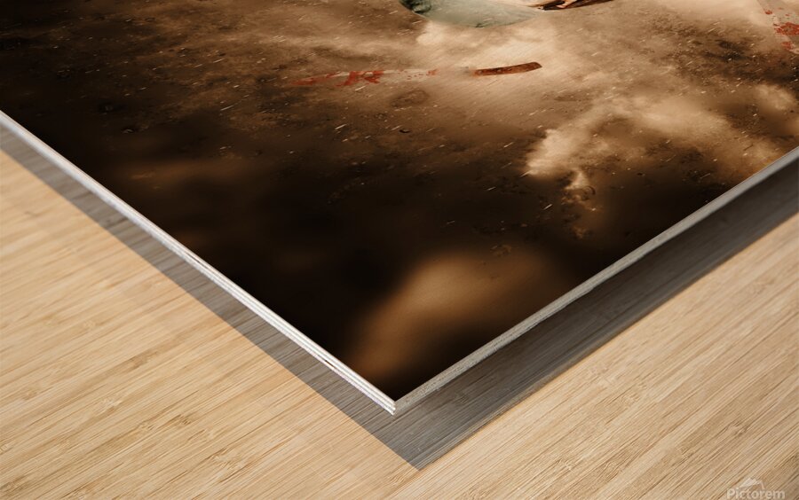 Evil surgeon clown juggling bloody knives outside Wood print