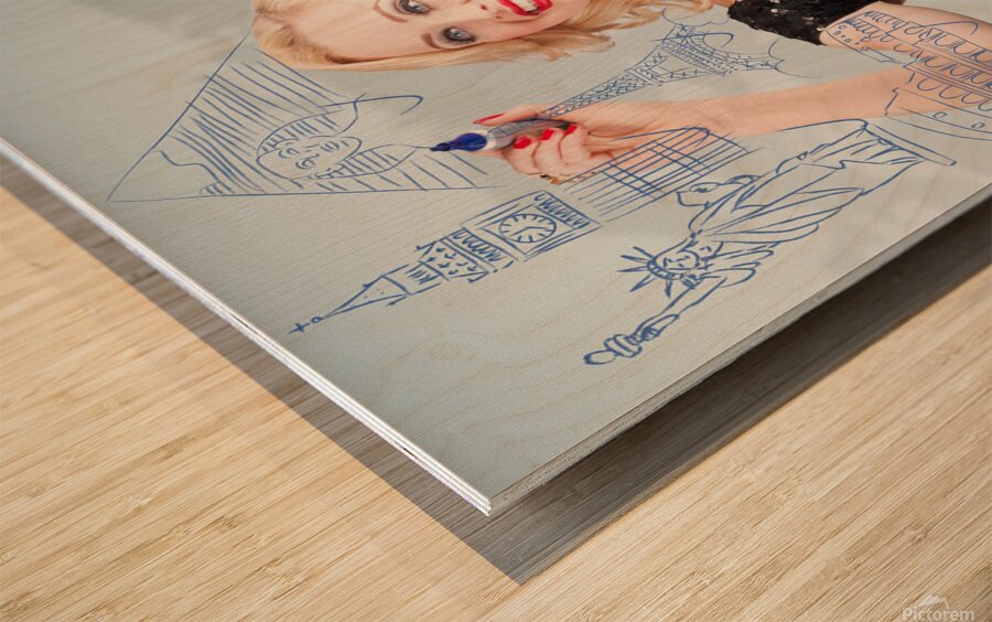 Blond woman drawing a travel landmark illustration Wood print