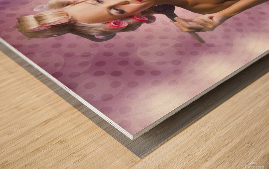 Beautiful Retro Woman Applying Makeup Cosmetics Wood print