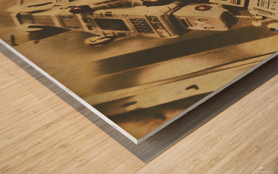 Vintage robot charging zone Wood print