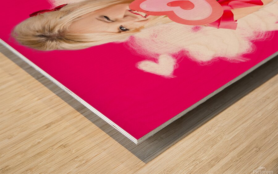 Cute love hungry girl eating big red heart Wood print