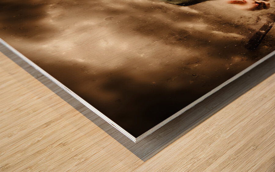 Scary clown doctor throwing knives outdoors Wood print