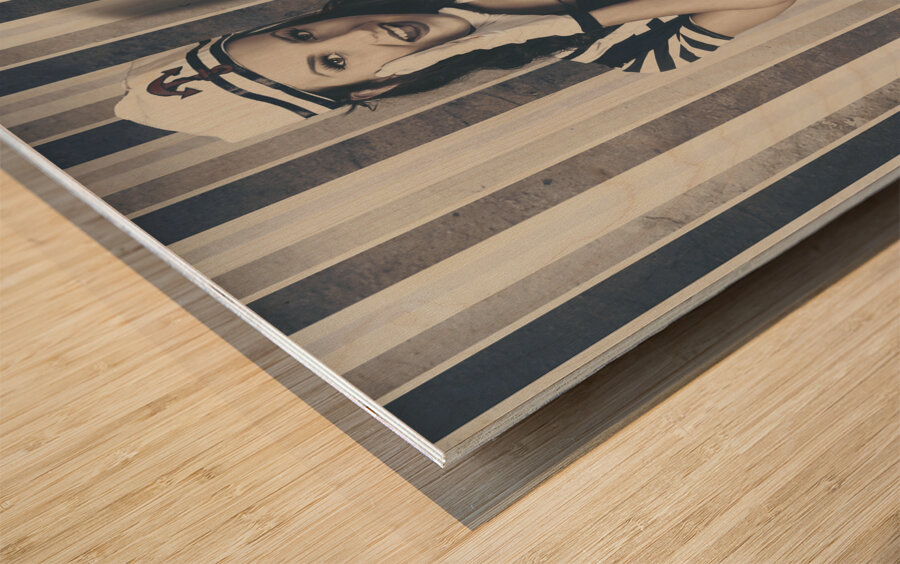 Young retro pinup woman shouting maritime surprise Wood print