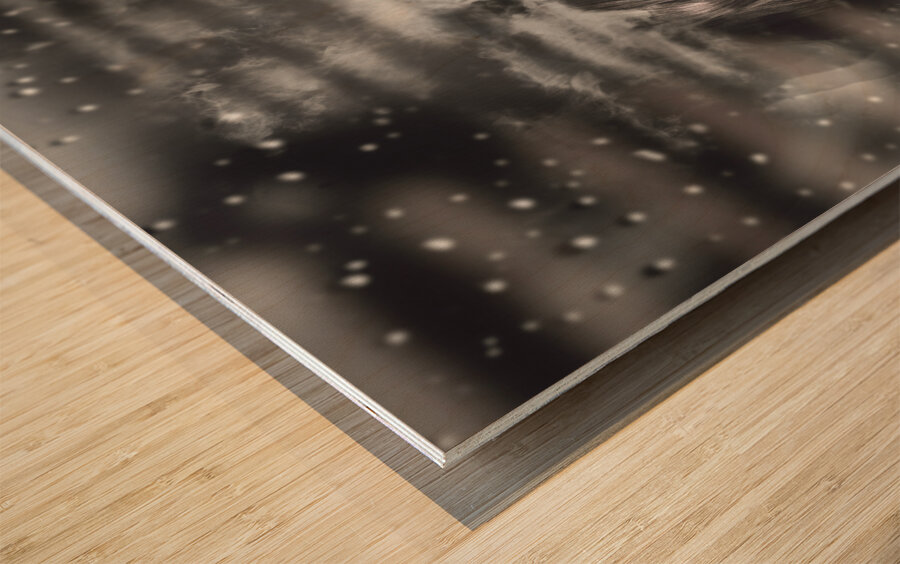 Pretty female spy hiding in shadows with weapon Wood print